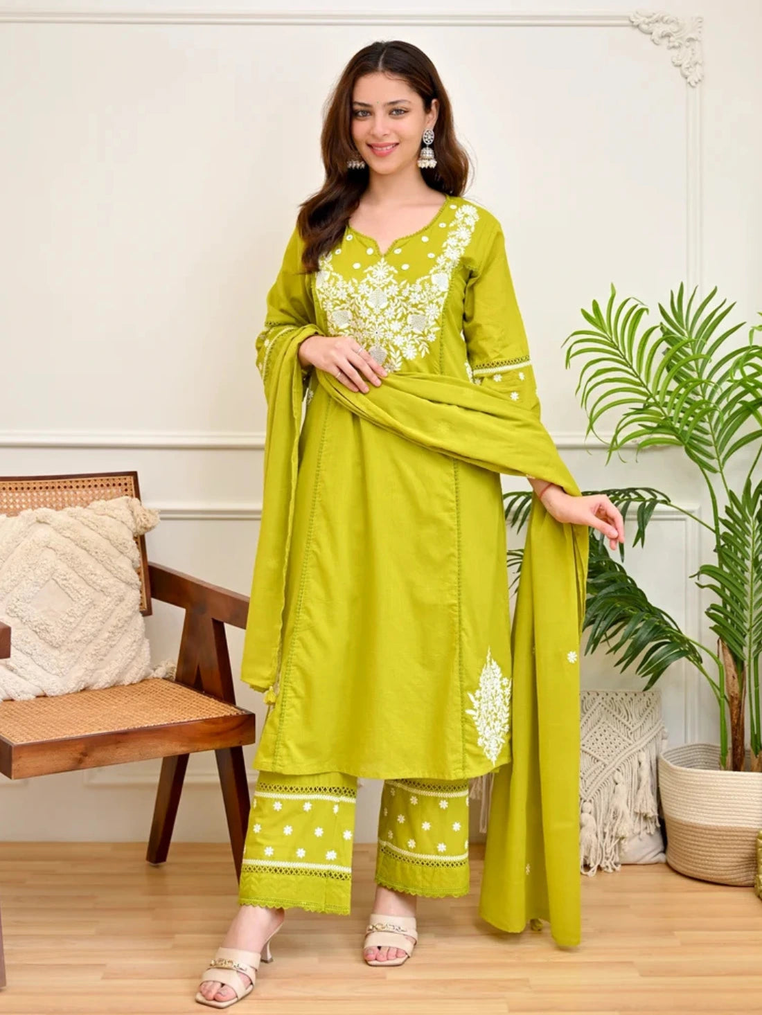 Lime Noor Lucknowi Embroidered Cotton Suit