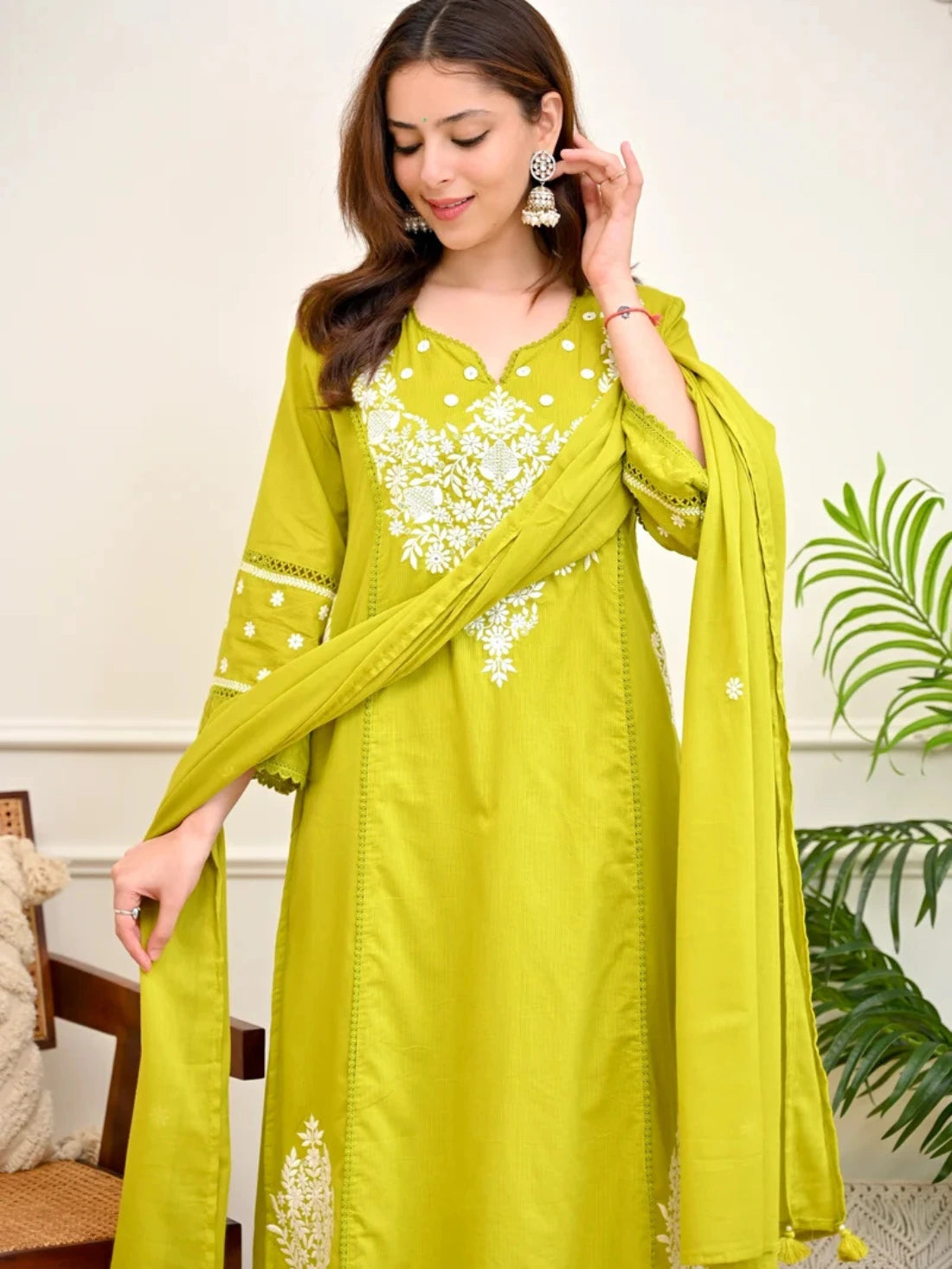 Lime Noor Lucknowi Embroidered Cotton Suit