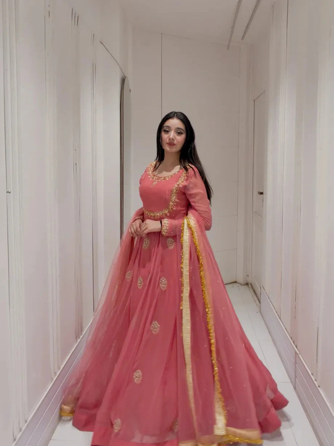 Solid Peach Flare Anarkali & Netted Dupatta