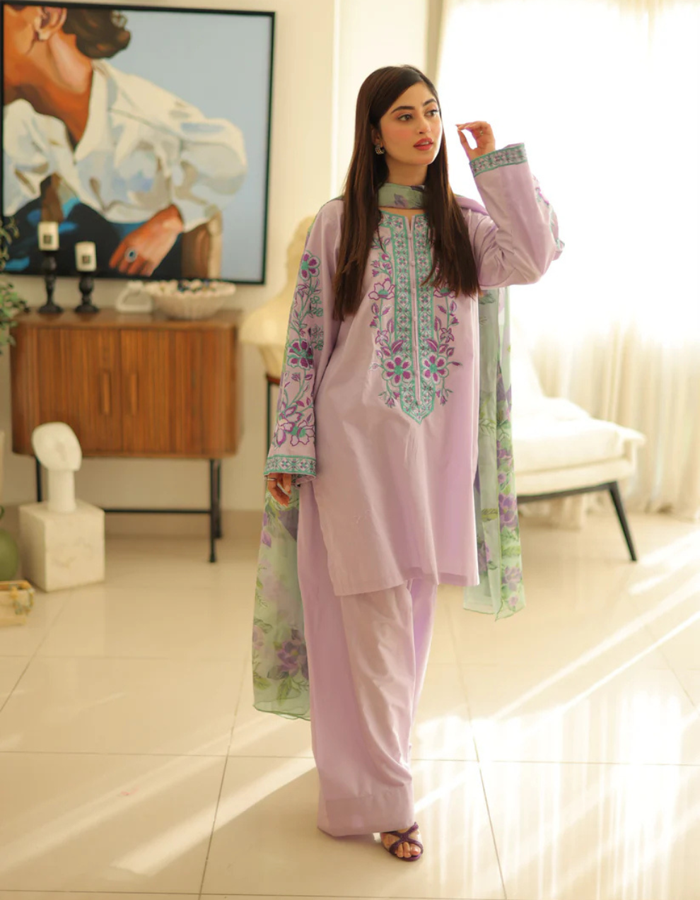 🌸💜 Lavender Noor – Premium Embroidered 3 Piece Set 💜🌸কোড-16