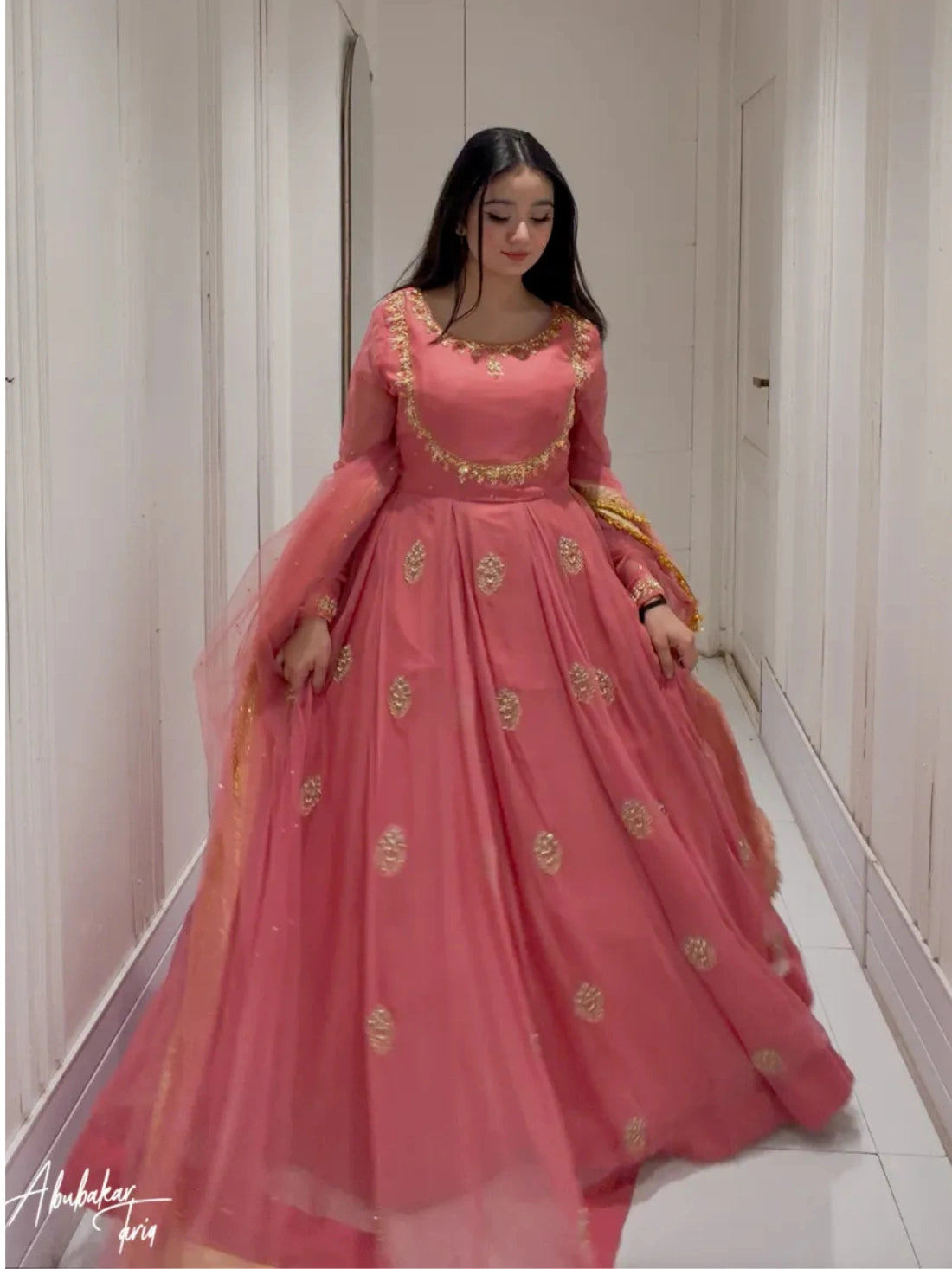Solid Peach Flare Anarkali & Netted Dupatta