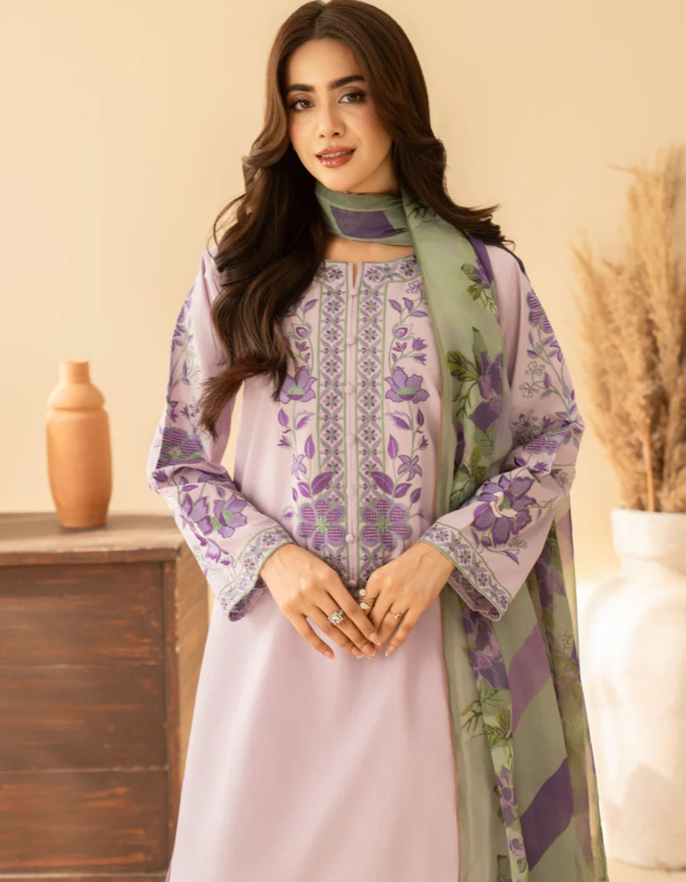 🌸💜 Lavender Noor – Premium Embroidered 3 Piece Set 💜🌸কোড-16