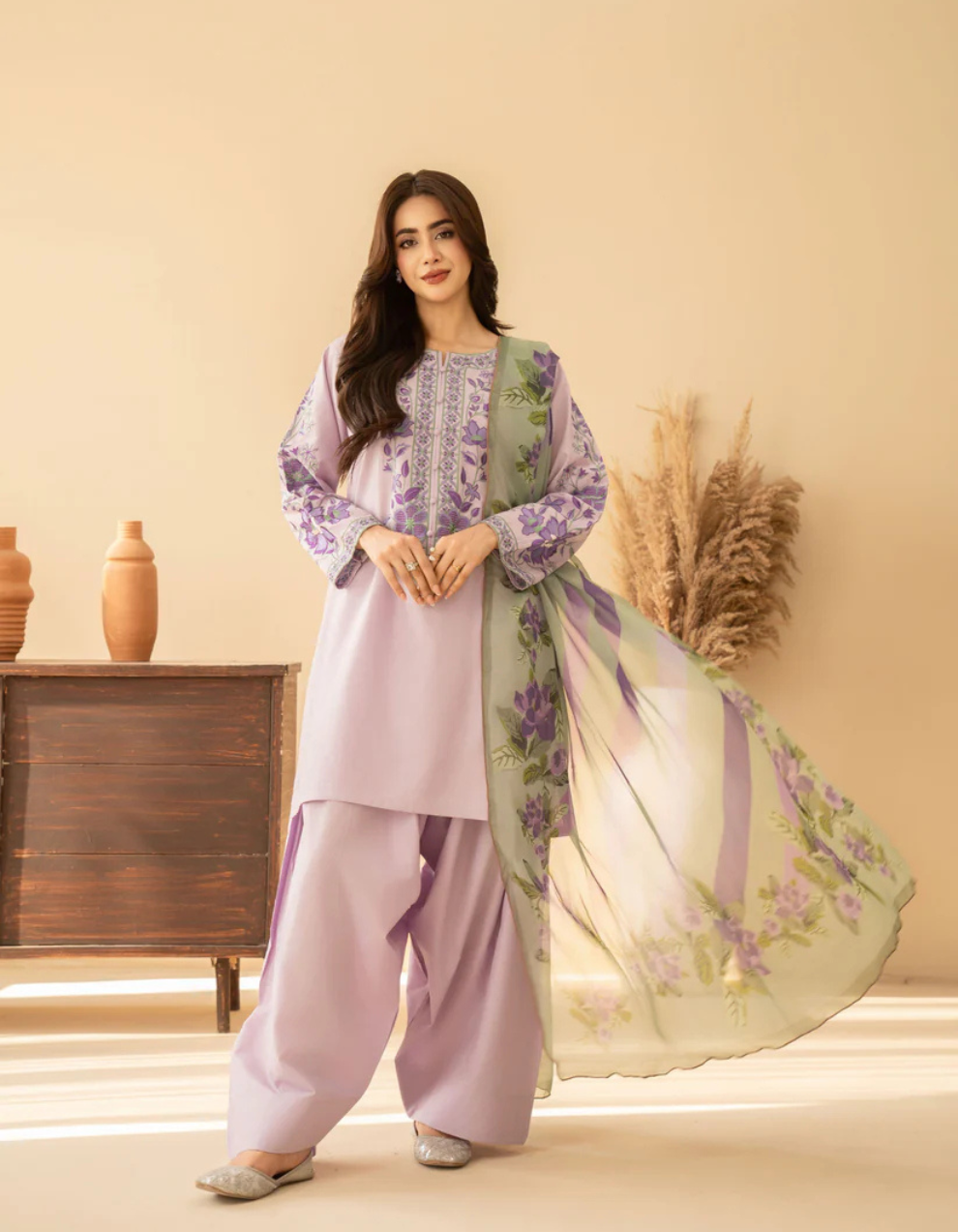 🌸💜 Lavender Noor – Premium Embroidered 3 Piece Set 💜🌸কোড-16